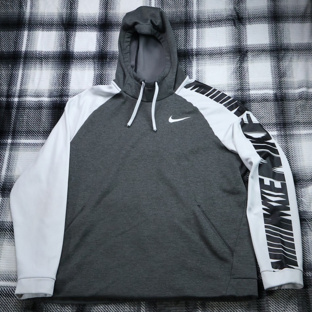 Nike Dri-FIT Mens XXL Grey White Colorblock Graphic Sleeve Pullover Hoodie